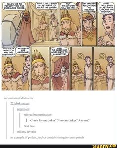 a comic strip with an image of two men in ancient costumes and one man wearing a crown