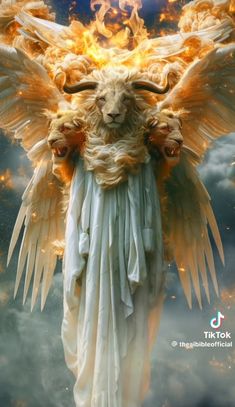 an angel with long hair and horns standing in front of the sky, surrounded by flames