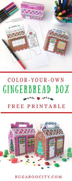 the gingerbread box printable is shown with markers and crayons on it