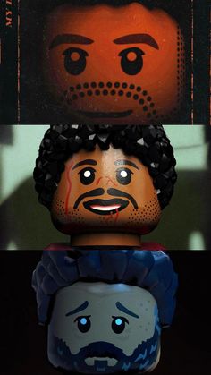 two legos are stacked on top of each other with faces painted on their heads