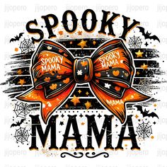 spooky mama halloween bow with bats and spider webs on the bottom, says spooky mama