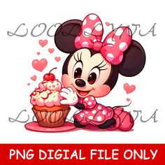 a minnie mouse holding a cupcake with hearts on it and the words png digital file only