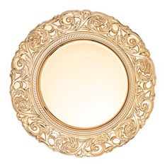 a gold plate with an ornate design on the front and side, isolated against a white background