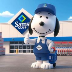 a cartoon dog with a shopping cart in front of a sam's club