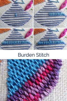 four pictures showing the different stitches used in this stitching project and how to use them