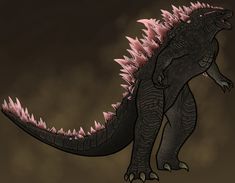 a godzilla like creature with pink spikes on its back legs and neck, standing in front of a dark background