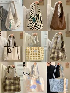 many different types of purses hanging on the wall