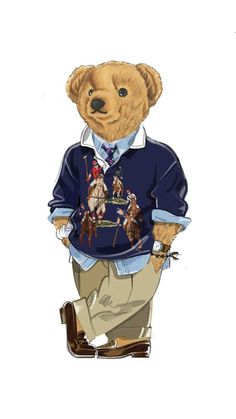 a brown teddy bear wearing a blue sweater and khaki pants while riding on a horse drawn carriage