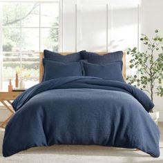 a bed with blue comforters and pillows in a room next to a plant on the floor