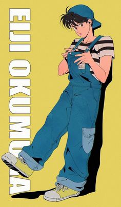 an anime poster with a boy in overalls leaning against a wall and holding his hands on his chest