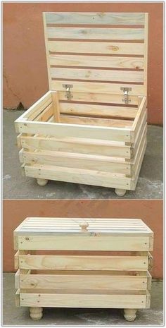 two pictures of a wooden box with wheels on the outside and inside, one is made out of wood