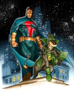 two superheros standing in front of a cityscape with buildings and stars on the sky