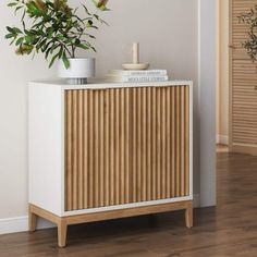 a plant is sitting on top of a cabinet