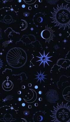 the sun, moon and stars are all drawn in blue ink on black paper with white outlines