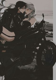 a drawing of a man and woman kissing on a motorcycle next to the ocean in black and white