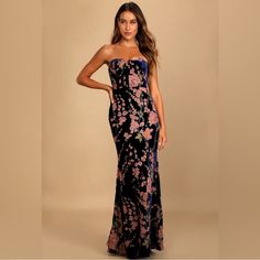 Stunning Velvet Dress From Lulus Deep Royal Blue/Navy Decided On Different Dress Winter Bridesmaid Dresses, Floral Velvet Dress, Navy Blue Maxi Dress, Fall Wedding Guest Dress, Strapless Bustier, Floral Gown, Formal Dresses Gowns, Strapless Maxi, Different Dresses