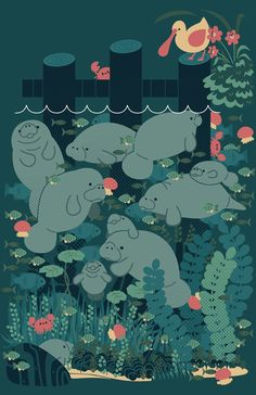 an image of elephants in the water with plants and birds around them on a green background