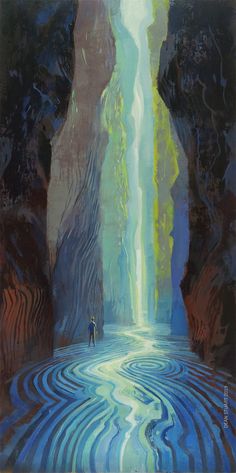 a painting of a man standing in front of a waterfall surrounded by blue swirls