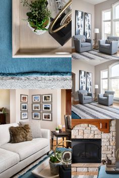 a collage of photos showing different rooms with couches, chairs and fireplaces