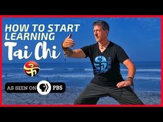 a man doing taichi on the beach with text overlaying how to start learning tai