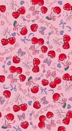 a pink background with cherries and hearts on it