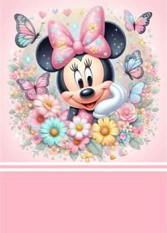 a minnie mouse with flowers and butterflies on it's head, in front of a pink