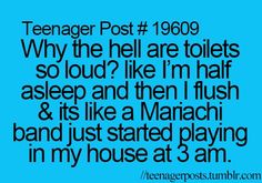 a blue background with the words teenager post 19000 why the hell are toilets so loud like i'm half asleep and then flush & it's just started playing in my house at 3 am