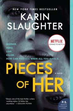 the cover of pieces of her by karin slaugher, with an image of a woman's face