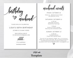 two wedding program cards with the words, birthday and weekend written in black ink on white paper