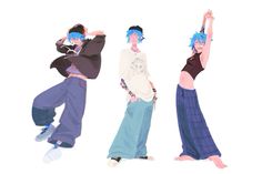 three people with blue hair are standing in front of each other and one has his arms up