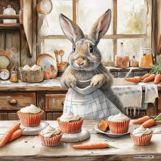 a painting of a rabbit in a kitchen with carrots and cupcakes on the table