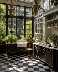 the kitchen is decorated in black and white checkerboard tile, with potted plants on the counter