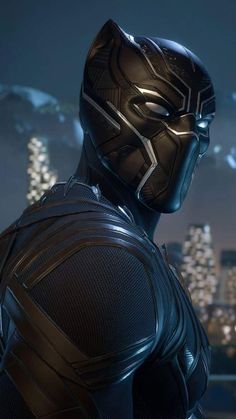 the black panther is standing in front of a city at night