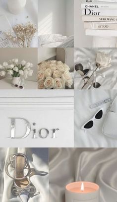 a collage of photos with flowers, shoes and other things in them that are white