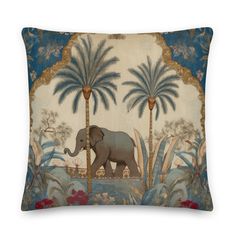 an elephant and palm trees on a decorative pillow