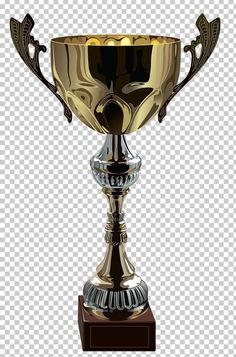 a golden trophy cup on top of a wooden stand with an ornate design and gold trimming