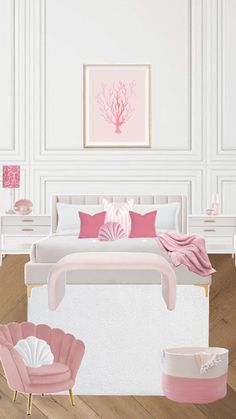 a bedroom with pink and white decor on the walls, furniture and accessories in it