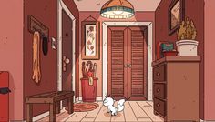 a dog is walking down the hallway in front of an open door to another room