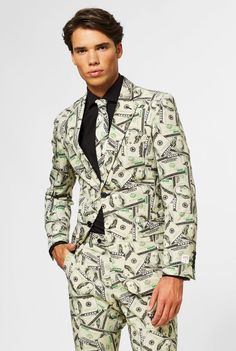 Cashanova | Money Suit | Dollar Sign Suit | OppoSuits Prom Suits Unique, Unique Prom Suits, Mens Winter Suits, Crazy Suits, Prom Outfits For Guys, Funny Prom, Black Dress Shirt Men, Winter Suits, Drag King