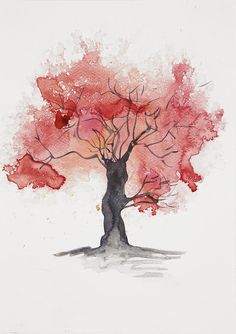 a watercolor painting of a tree with red leaves