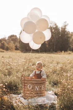 a baby sitting in a basket with balloons floating above it that says one on the front