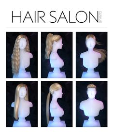 there are six wigs on top of the mannequin's head, all in different positions