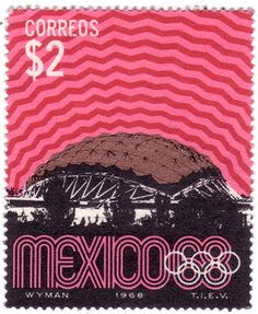 a stamp with an image of a mountain and the word mexico on it, in pink