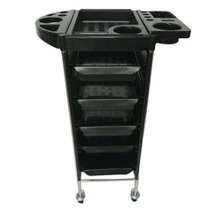 a black plastic cart with five trays on wheels and four holes in the middle