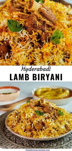 two pictures with different types of food and words describing the ingredients for lamb biriyani