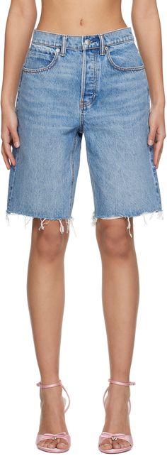 Non-stretch denim shorts. Fading and whiskering throughout. · Belt loops · Five-pocket styling · Button-fly · Raw edge at cuffs · Logo patch at back waistband Supplier color: Vintage light indigo Alexander Wang, Cut Off Jean Shorts, 90s Denim, Stretch Denim Shorts, Frayed Jeans, Color Vintage, Cut Off Jeans, Contrast Stitch, Stretch Denim