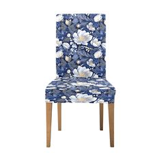 a blue and white chair with flowers on it