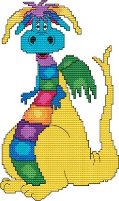 a cross stitch pattern of a cartoon character sitting on top of a yellow and blue dragon