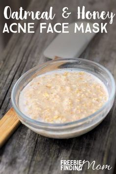 oatmeal and honey acne face mask in a glass bowl with wooden spoon