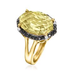 LeVian - Le Vian 3.80ct Lemon Quartz, .25ct t. w. Blackberry Diamond Ring, Vanilla Diamond Accents in 14kt Honey Gold. Size 7. With a rich history dating back to the 15th century, Le Vian jewelry is well known for its decadent designs and innovative use of color. This glamorous ring flashes an ample 3.80 carat oval lemon quartz haloed by a high-drama halo of .25 ct. t. w. round brilliant-cut black diamonds. Finely crafted in polished 14kt yellow gold with icy white diamond accents punctuating th Le Vian Jewelry, Levian Rings, Lemon Quartz Ring, Levian Jewelry, Le Vian, Black Diamonds, Lemon Quartz, Black Rhodium, Quartz Ring